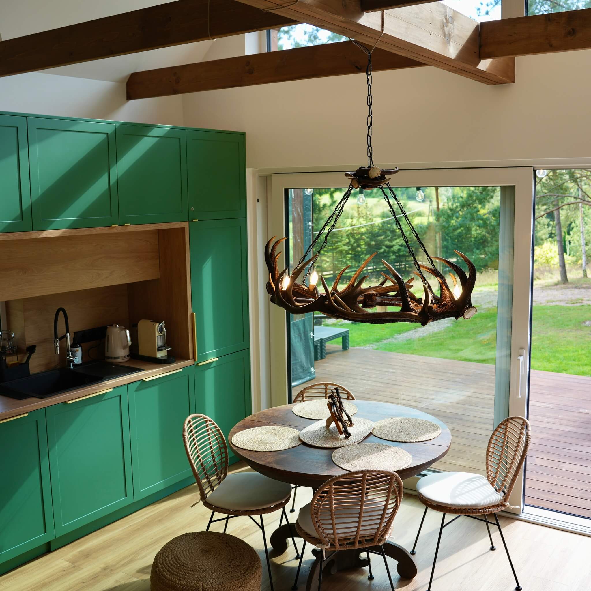 Real antler chandelier in rustic cabin