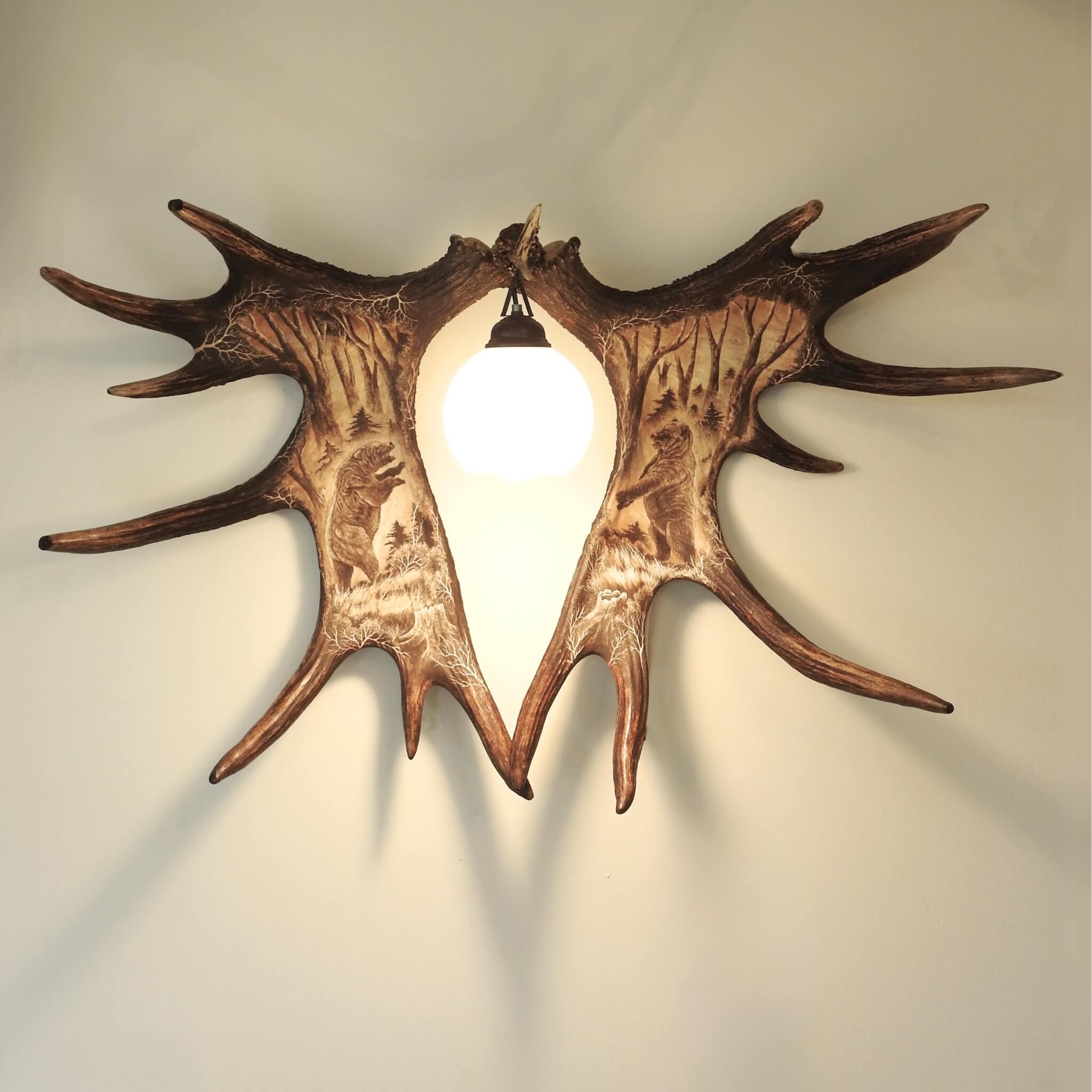 Real antler sconce with carving, which shows bears.