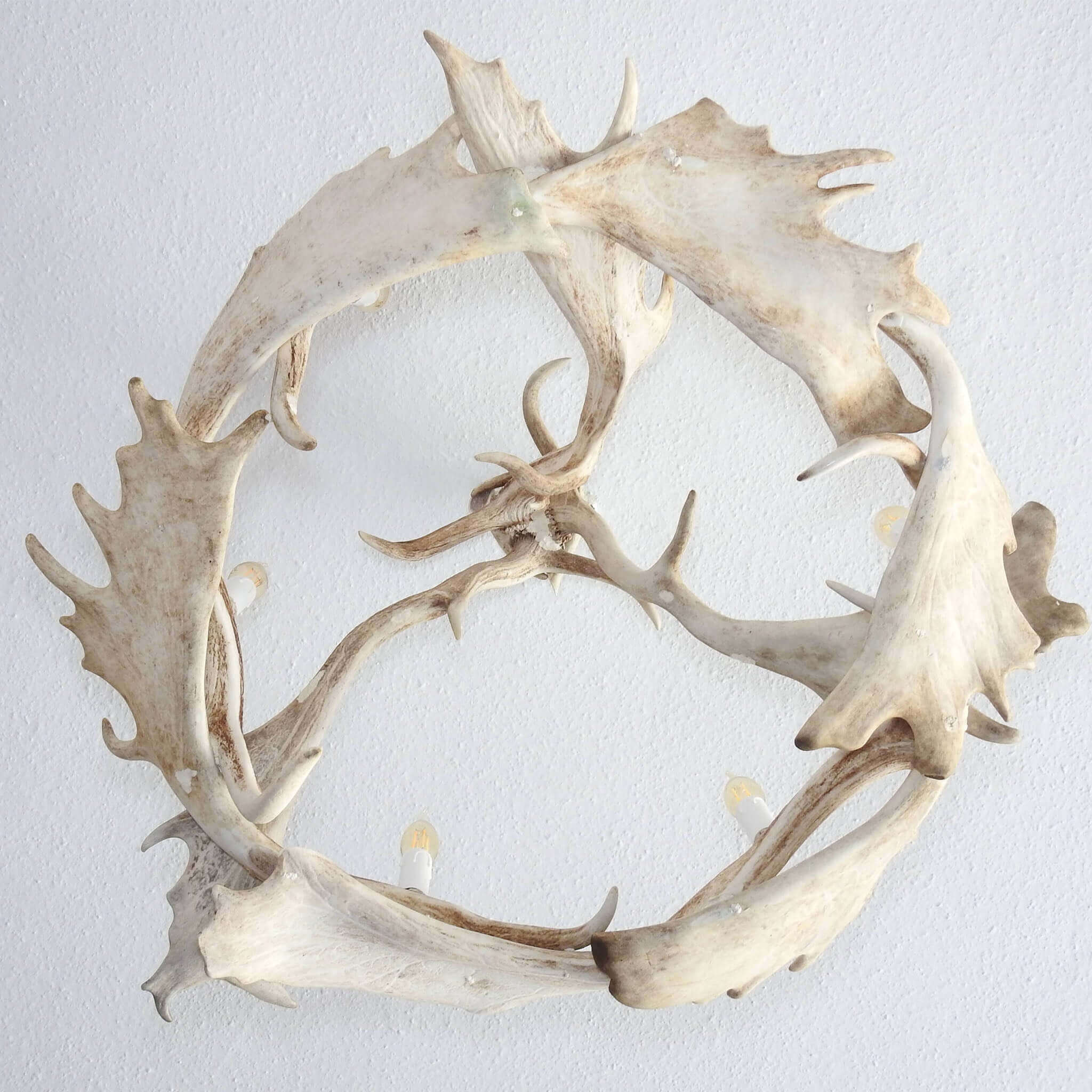 White deer antler chandelier, view from the bottom.