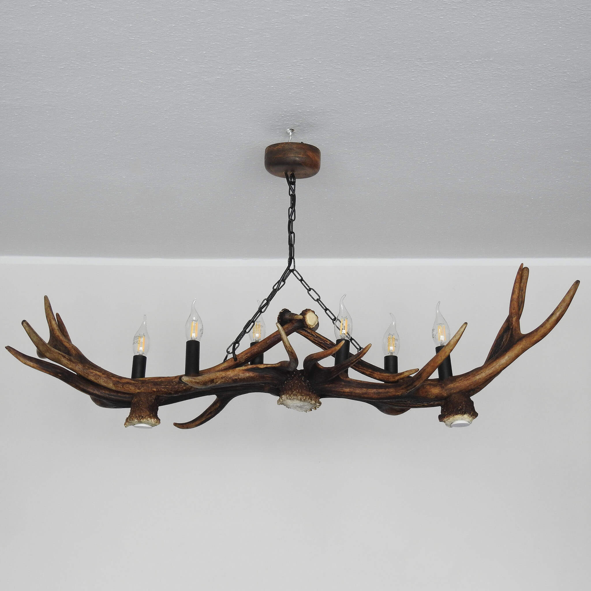 Antler lamp with black bulb holders.