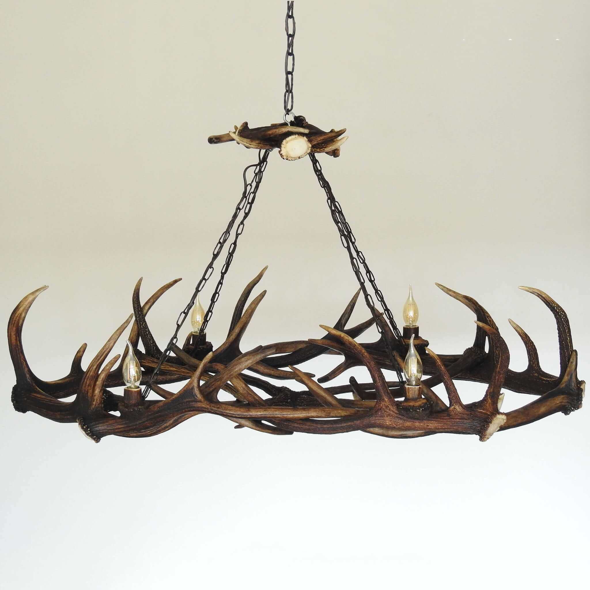Rustic chandelier made of deer antlers.