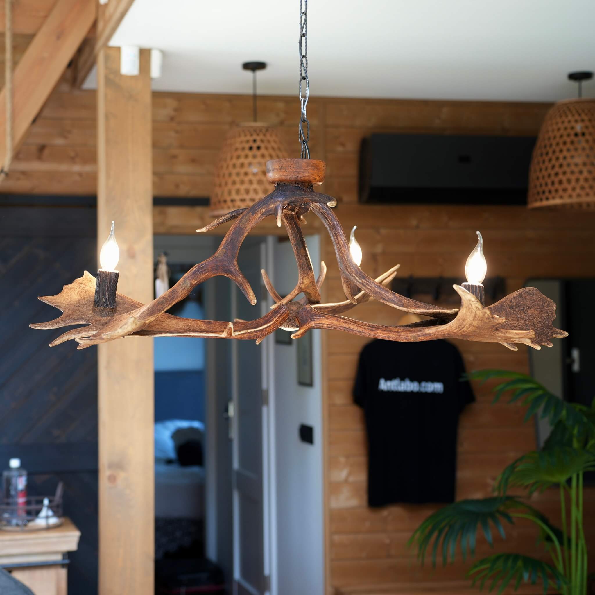 Natural antler chandelier featuring three candle-style lights for a warm and cozy ambiance.