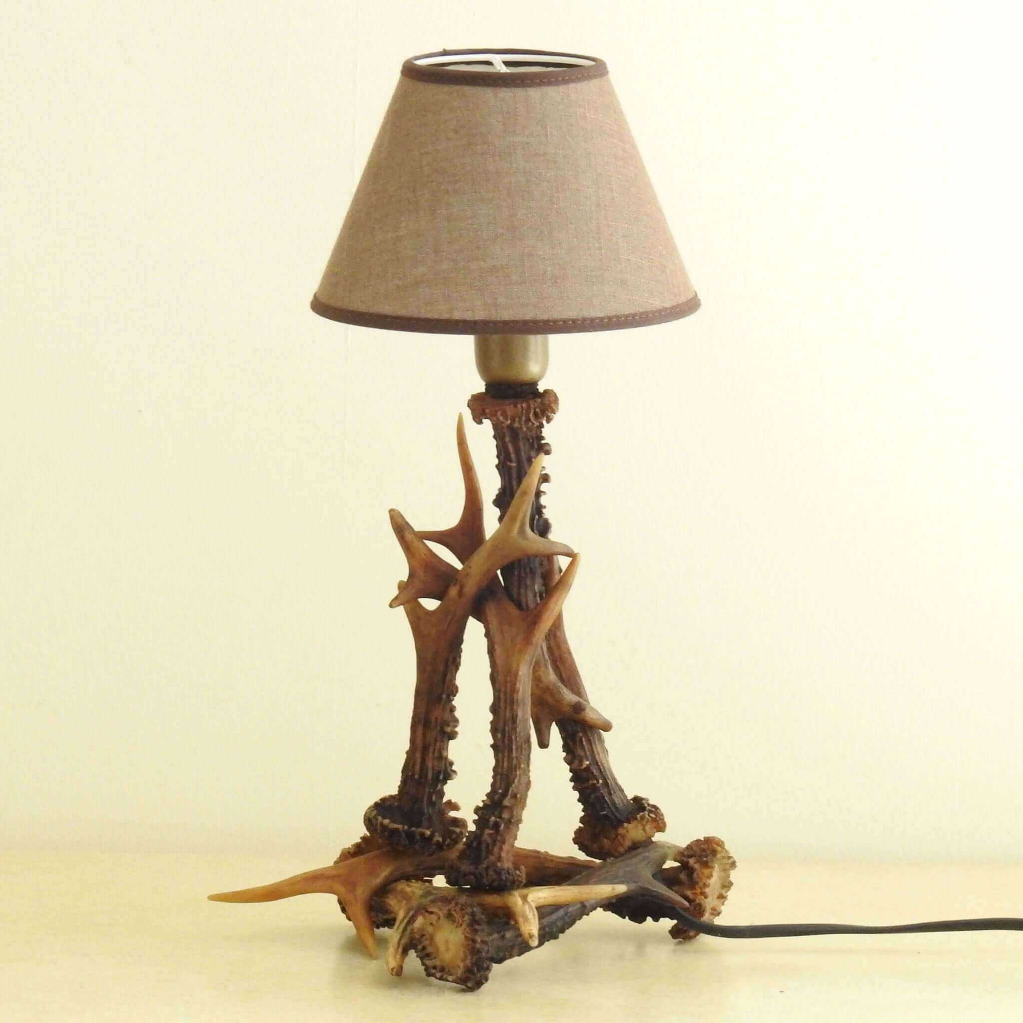 Antler lamp for bedside in farmhouse.
