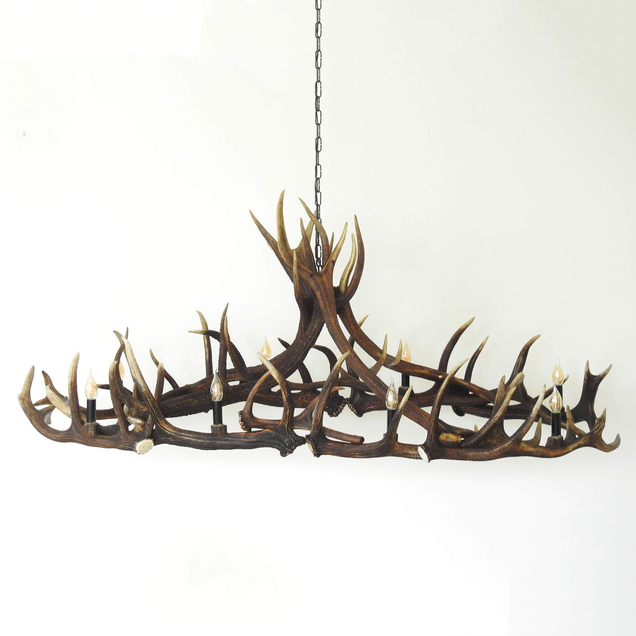 Antler chandelier hanging on chain.
