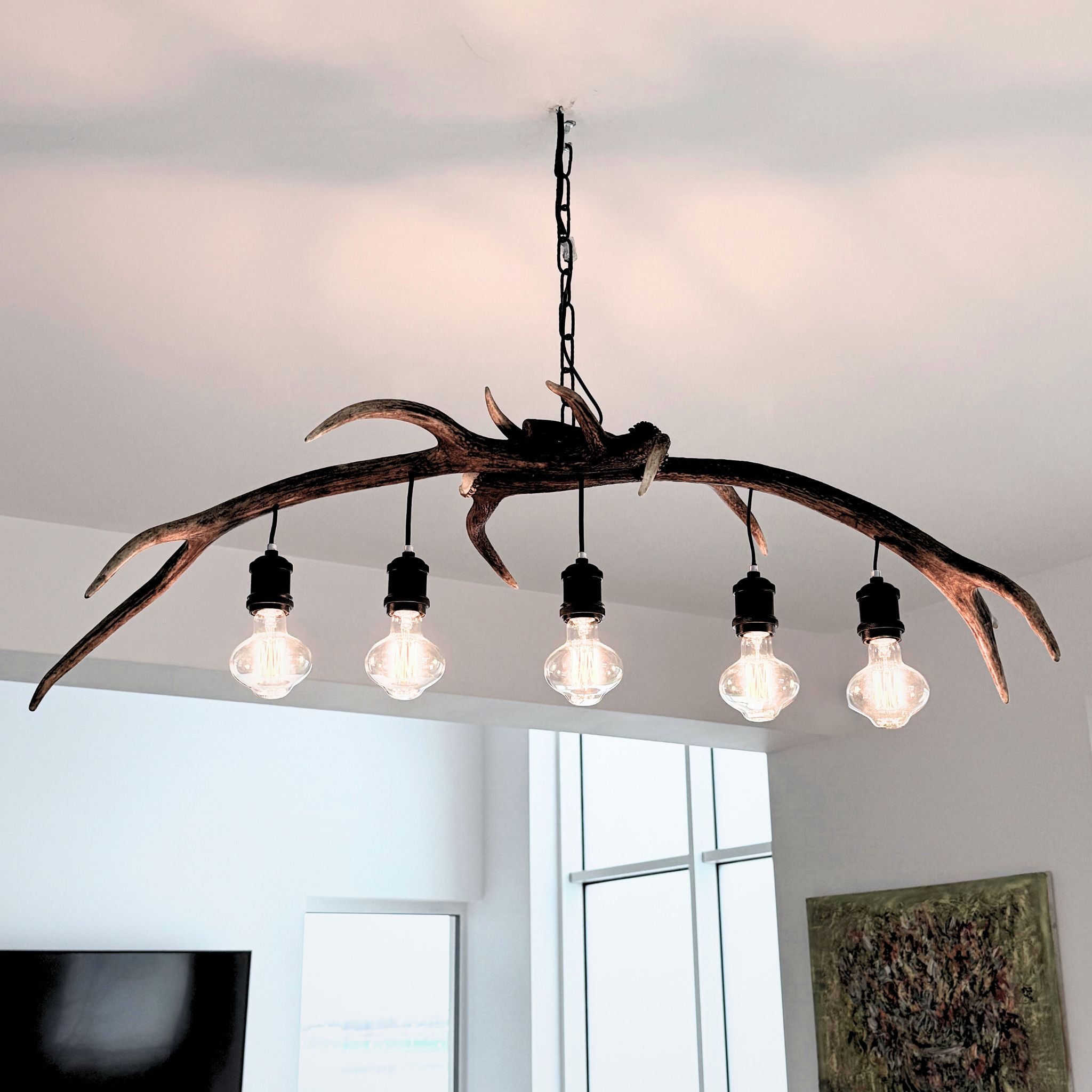 A rustic chandelier light fixture shaped like a natural antler branch, suspended from a ceiling chain in a modern room. The fixture features five clear glass globe bulbs hanging from black metal sockets attached to the branch.