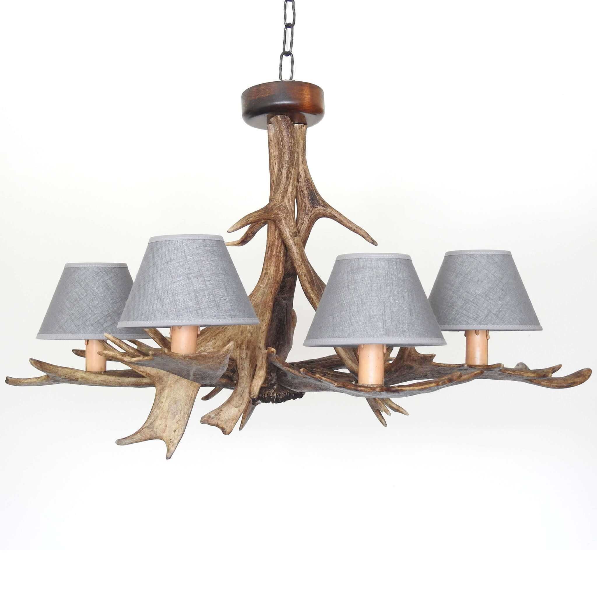 Rustic antler chandelier with shades.