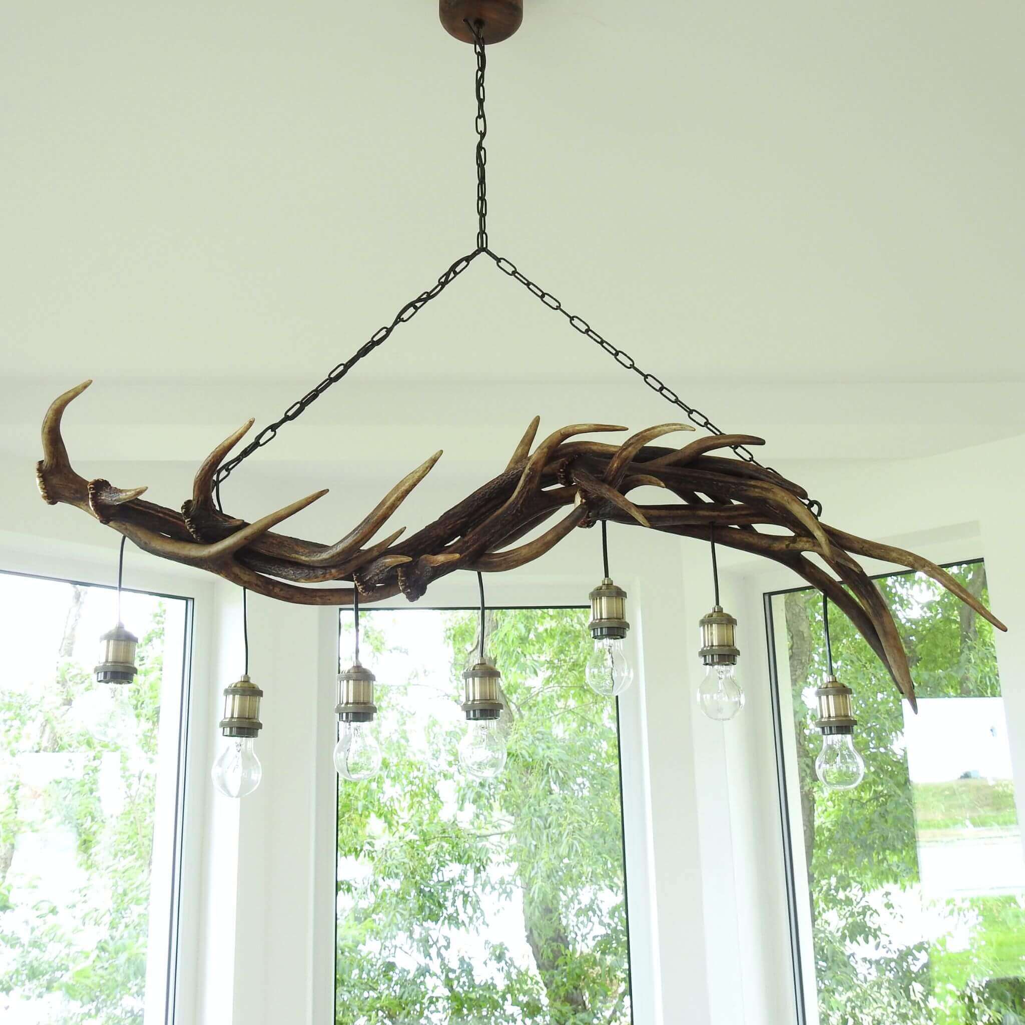 Modern farmhouse antler chandelier hanging on chain.