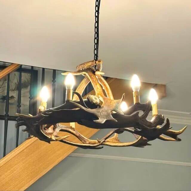 Real fallow deer antler chandelier for 6 lights hangs by staircase in rustic enteryway.