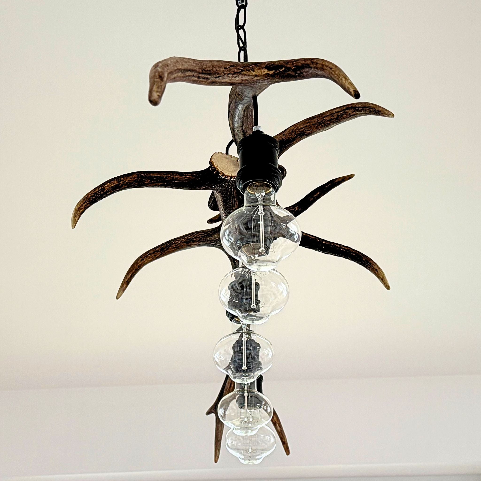 A rustic hanging chandelier featuring natural antler shapes arranged around a central black metal fixture with a vertical stack of clear glass globe bulbs.
