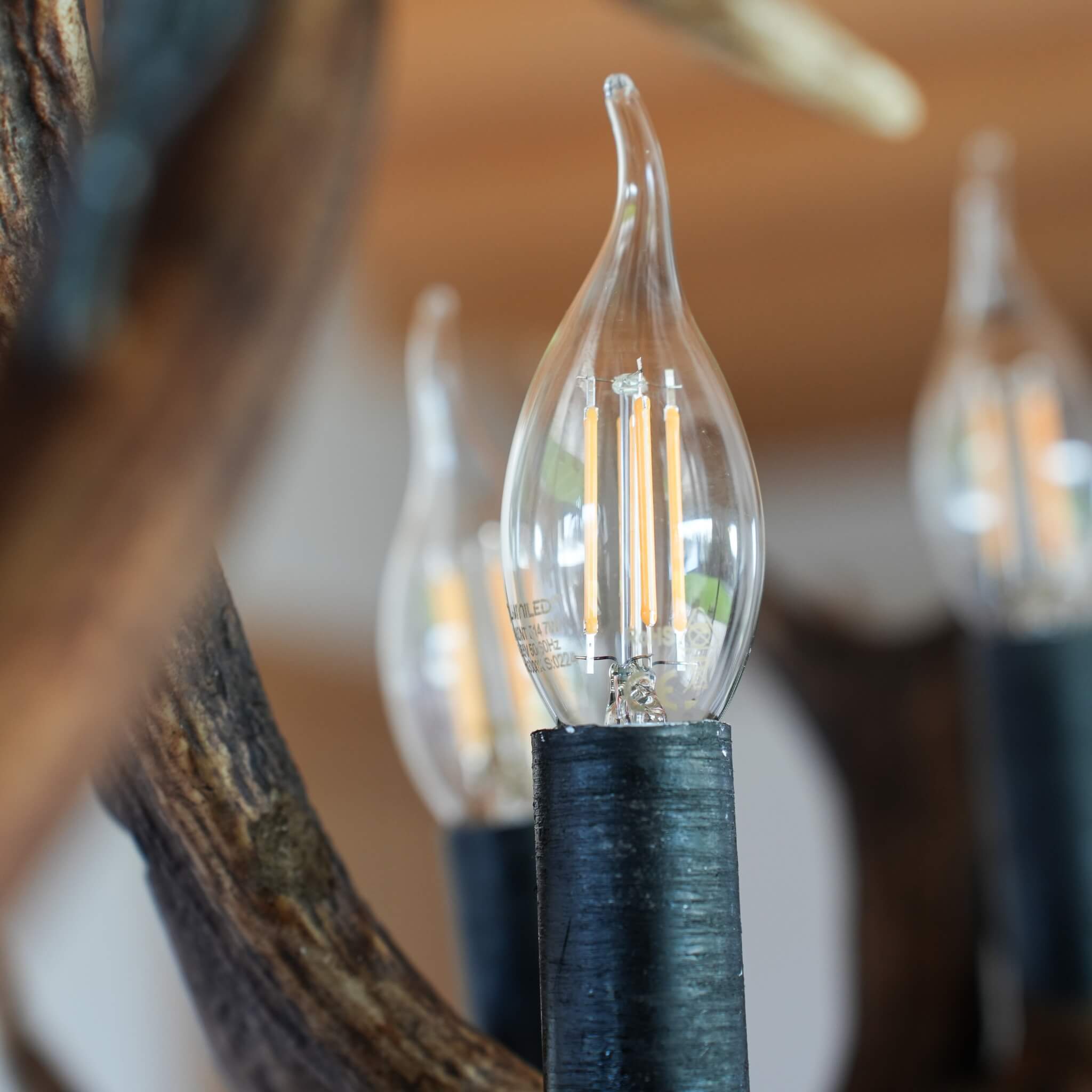 Bulb which looks like flame in rustic chandelier.