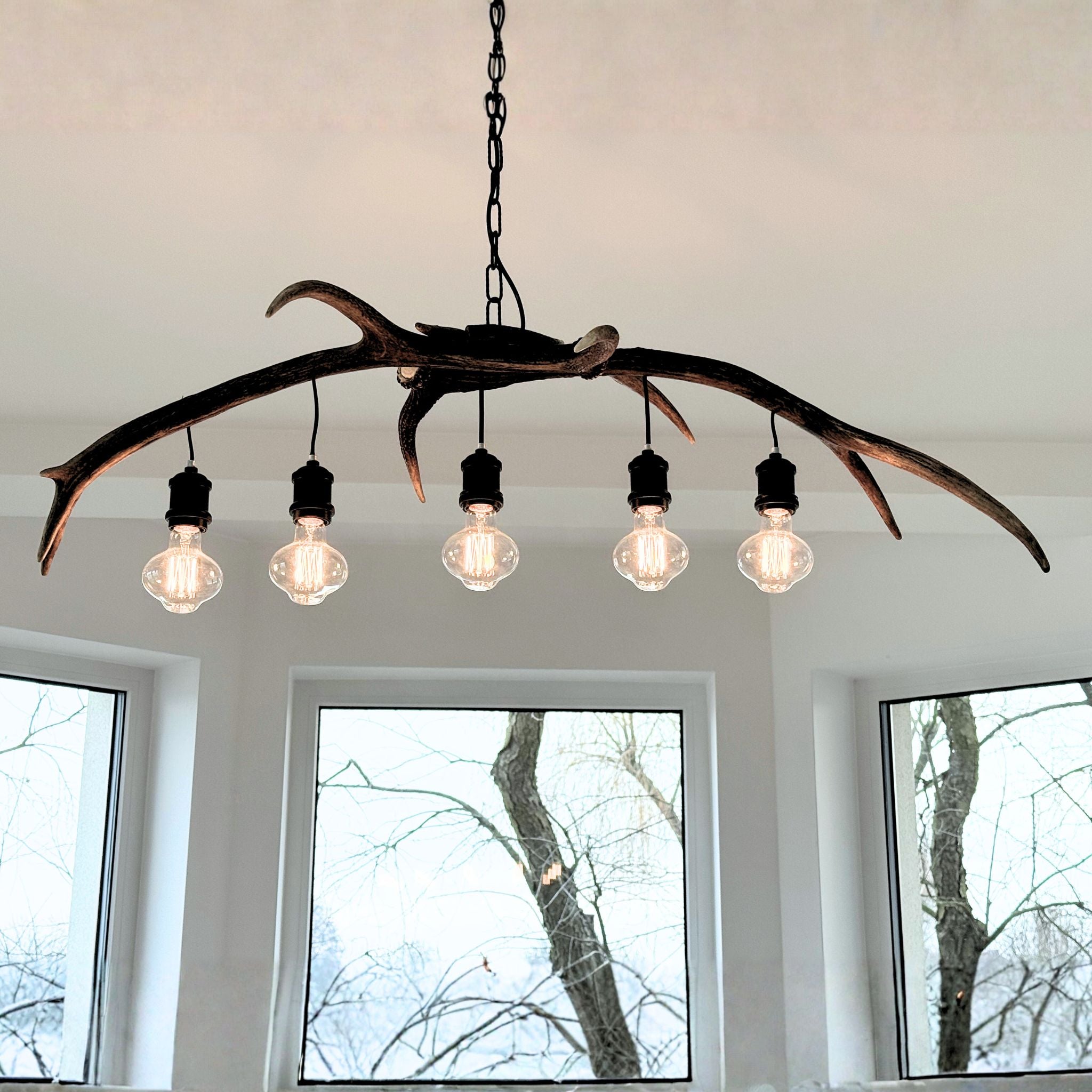 Rustic antler chandelier with five hanging Edison-style bulbs, suspended from a ceiling in a bright room with large windows showing bare trees outside.