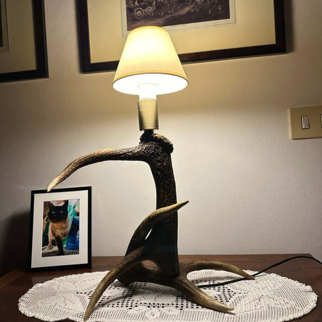 Real deer antler table lamp with shade.