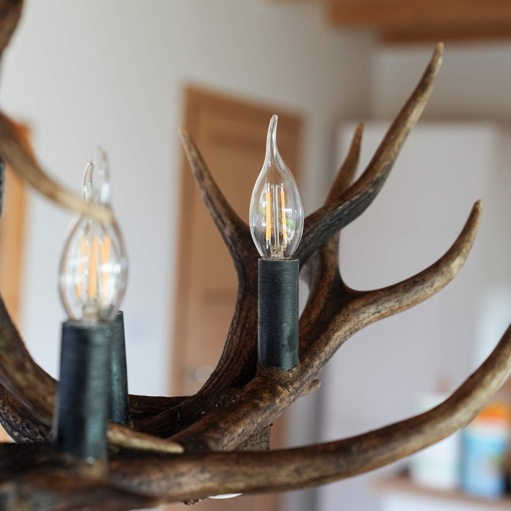 Linear antler chandelier with black bulb sockets.