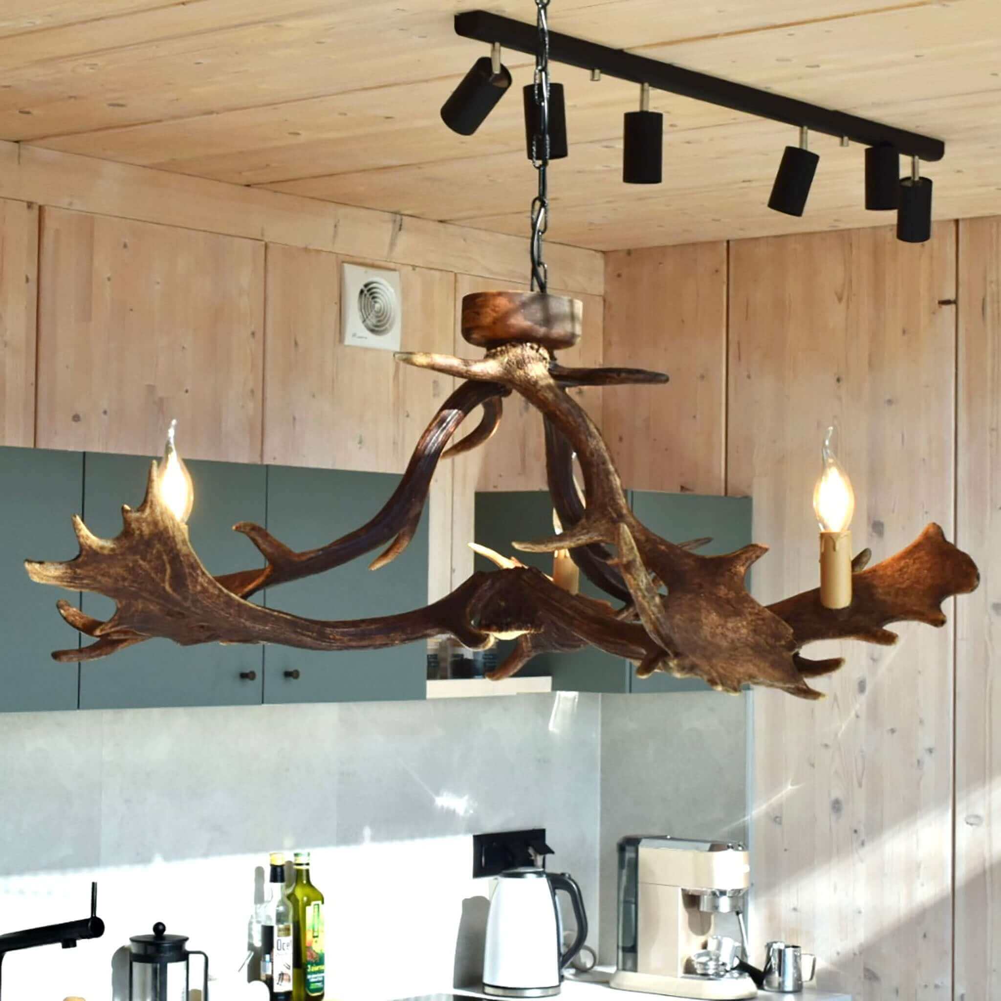 Real antler chandelier in dinning room.